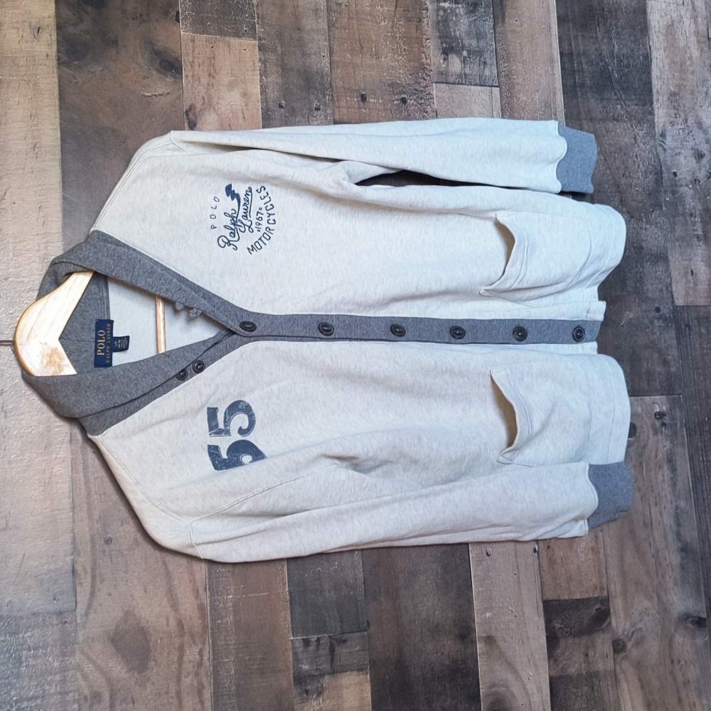 Polo Ralph Lauren Twill Terry Button Up Cream Gray Cardigan Sz Large 14/16 Boy